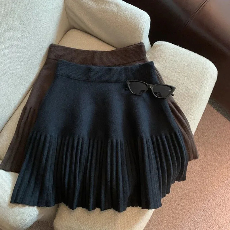 Xpqbb Knitted Pleated Skirt Women Fall Winter High-waisted A-line Skirt Female Preppy Style All-match Patchwork Mini Skirts 250224
