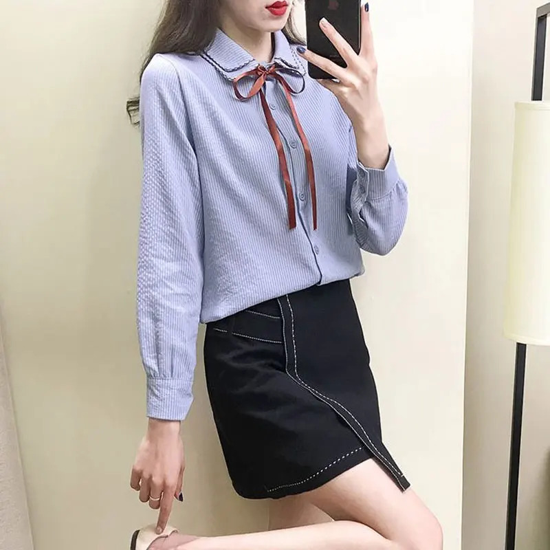 Spring Autumn Sweet Double Layered Collar Shirt Korean Drawstring Bow Womens Clothing Commute Single-breasted Striped Blouse 250226