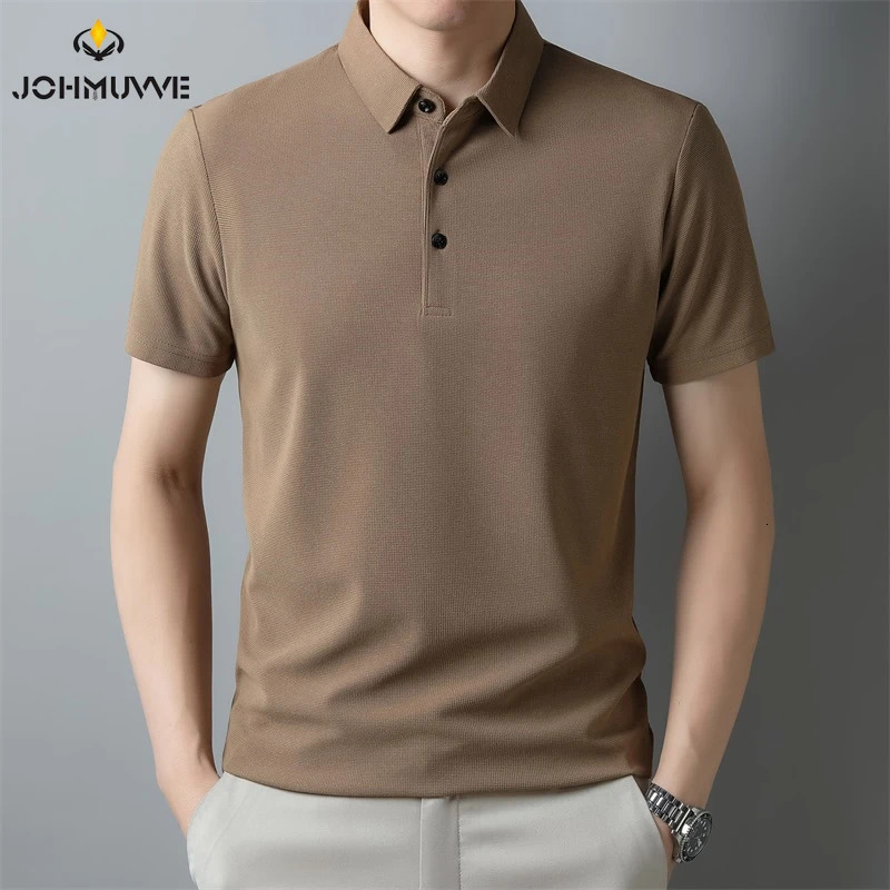Mens Fashion Waffle Solid Short Sleeved Polo Shirt Summer Breathable Comfortable Top 250224