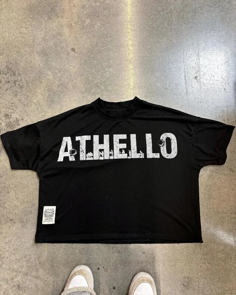 Y2K retro hiphop street clothing oversized pattern printing men shortsleeved casual cotton loose and women top 250226