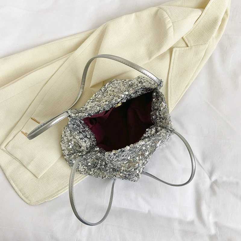 New Arrival Womens casual solid color handbag large capacity sequin handbag luxurious sparkling bucket handbag womens shoulder bag T250227