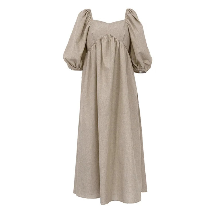 Jastie Summer Cotton And Linen Long Dress Women French Square Neck Puff Sleeve Dresses Elegant Loose Solid Big Swing Dress 250225