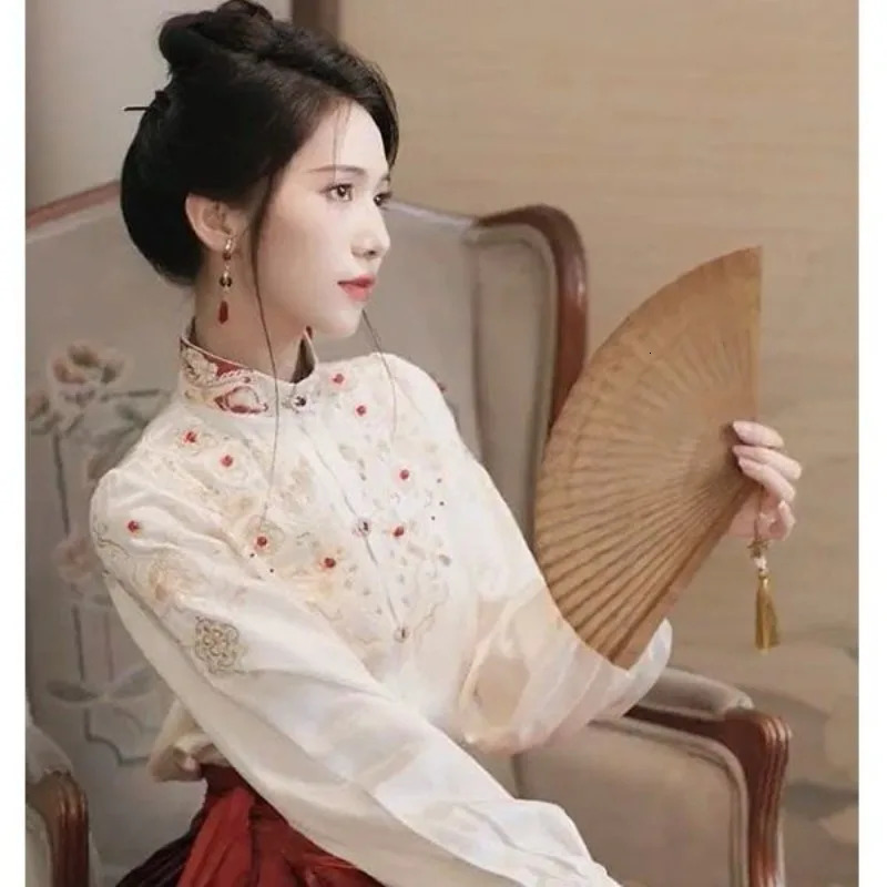 Chinese Style Modified Hanfu Exquisite Embroidery Beading Wedding Party Shirt Women Retro Stand-up Collar Double-breasted Top 250226
