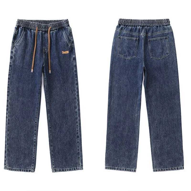 Mens straight leg blue grey loose drawstring jeans street casual jeans mens fashionable loose and comfortable jeans X250227