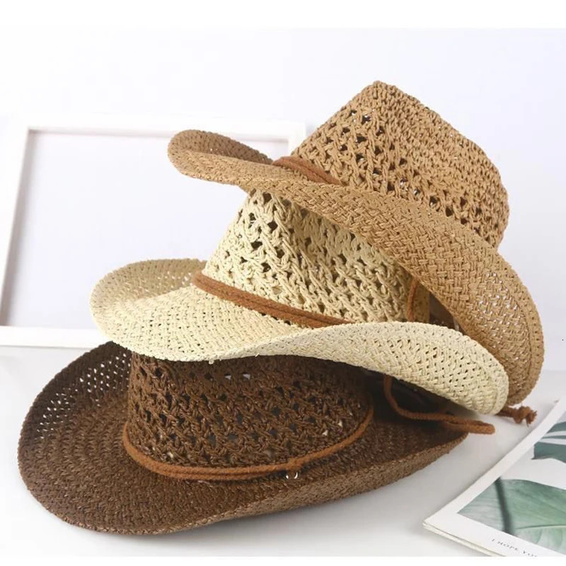 Summer Outdoor Men Women Hand-woven Western Cowboy Paper Straw Hats Wide Brim Breathable Beach Jazz Cap Sun Protection Hat 250218