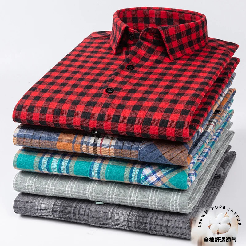 Plaid Shirt SpringSummer Fashion 100% Cotton Long Sleeve Flannel Red Checkered Casual Soft Formal Brushed Mens Top 250226