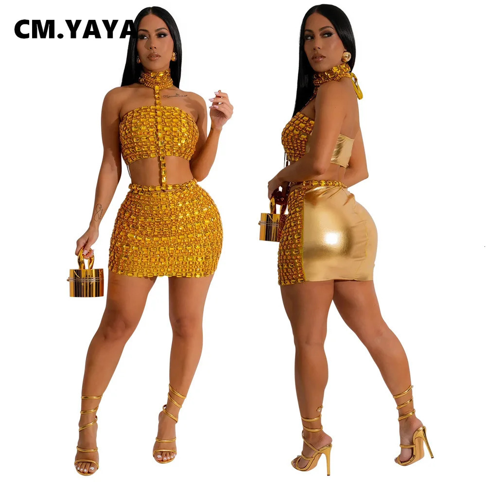 CM.YAYA Women Set Rhinestones Sexy Mini Skirt Suit and Choker Crop Top Strapless Two 2 Piece Set Party Club Night Outfits 250226