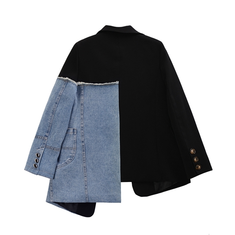 Women Vintage Fashion Blazer Denim Patchwork Jackets Autumn Winter Irregular Coat Women Long Sleeve Loose Korean Outerwear 250226