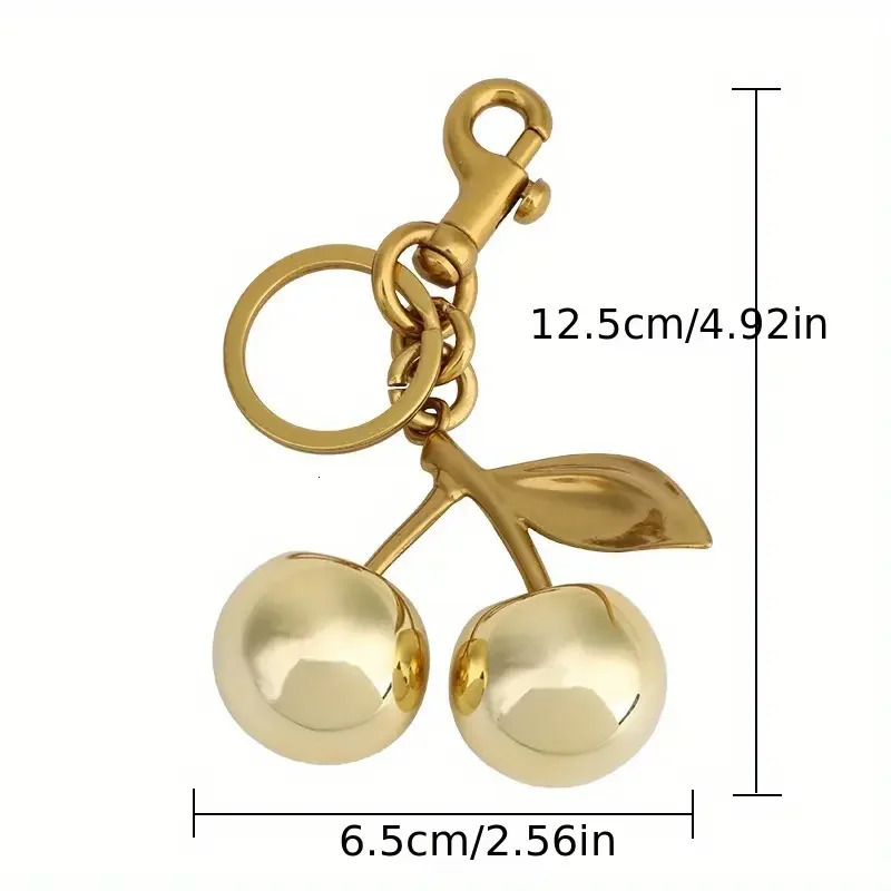 Zinc Alloy Golden Cherry Keychain for Women and Men Fashionable Glitter Keyring Summer Fruit Pendant Jewelry Bag Accessory 1Pc 250227