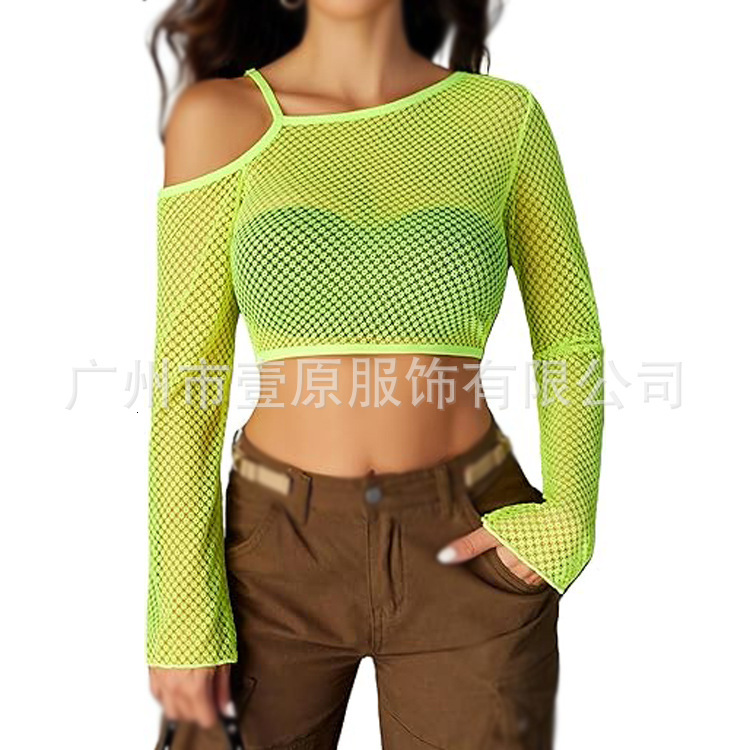 2025 summer new fishing net off shoulder long sleeved T-shirt with exposed navel sexy short top for women