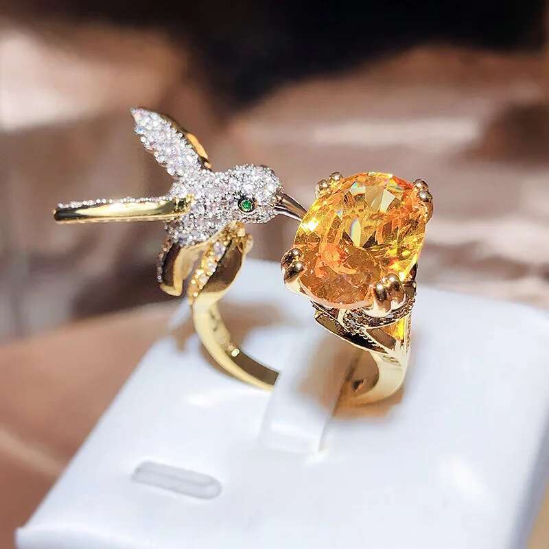 Creative Colored Gemstone Women Simulating St. Aquamarine Hummingbird Ring Stamp Wedding Party Fashion Jewellery