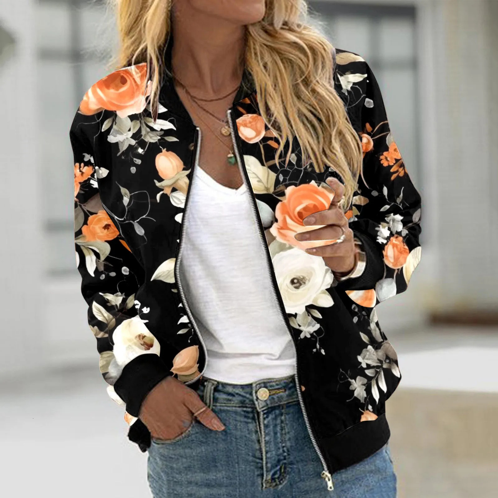 Autumn sports jacket womens floral print long sleeved short full zip bomber casual loose Chaqueta 250227