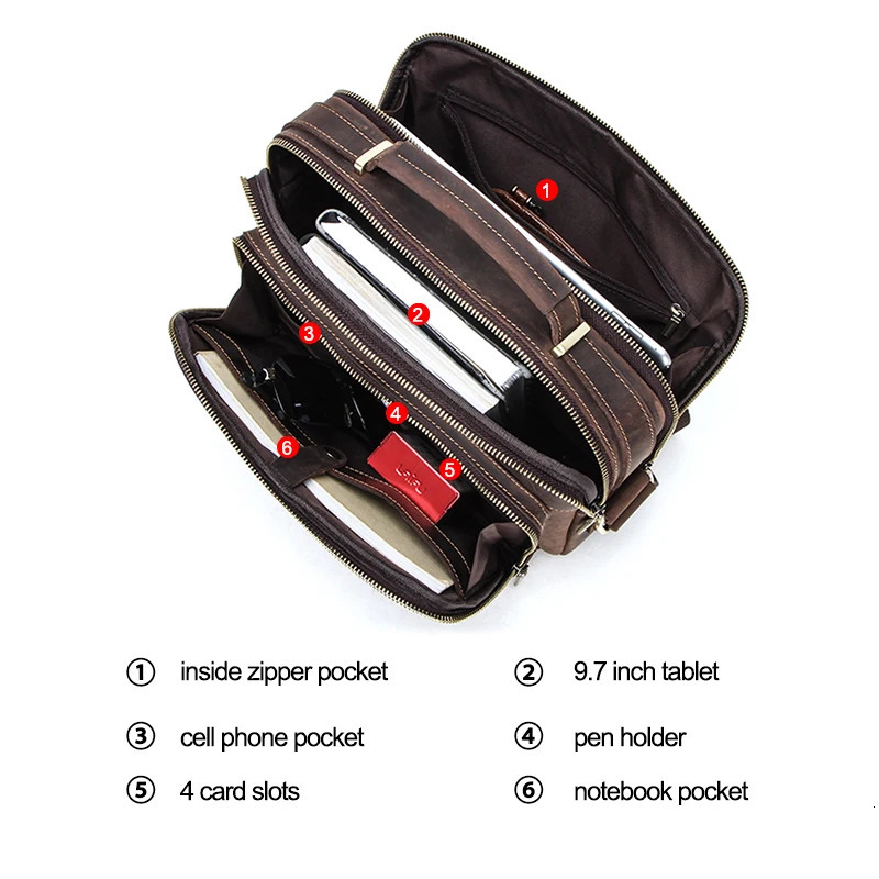 Ship from US CONTACTS Crazy Horse Leather Men Messenger Bag Vintage Man Crossbody Handbags Large Capacity Male Shoulder Bags 250227FBB