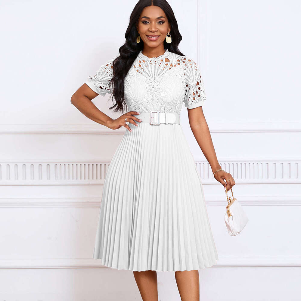 D499 European and American women's short sleeved lace patchwork pleated formal dress 2025 new style temperament chic elegant clothing