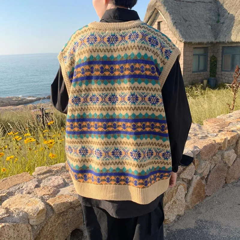 Retro warm sweater mens Vneck knitted spring loose casual long sleeved sleeveless jacquard 250225