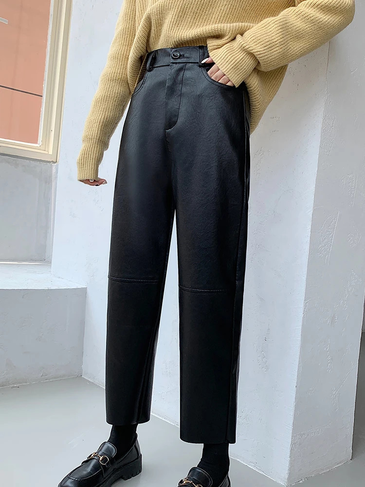 QOERLIN Fall Winter PU Leather Pants Women Elegant High Waist Pockets Faux Harem Pant Female Back Elastic Trousers 250227