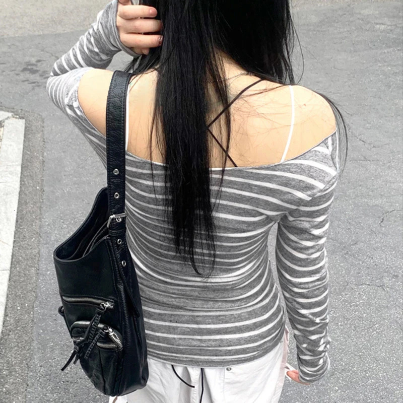 Spring Fall Womens Japanese Basic Models Slim LongSleeved Striped tShirt Strapless Korean Street Style y2k Thin Tops 250226