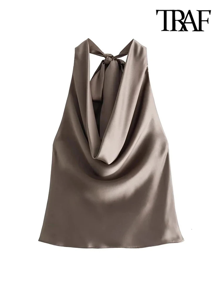 TRAF-Womens Flowing Draped Halter Neck Tank Tops With Bow Tied Backless Sleeveless Female Camis Sexy Fashion 250226