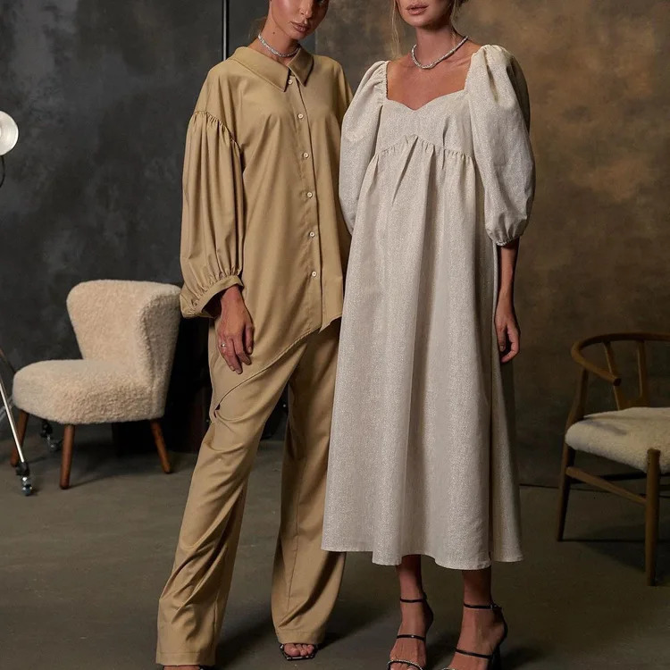 Jastie Summer Cotton And Linen Long Dress Women French Square Neck Puff Sleeve Dresses Elegant Loose Solid Big Swing Dress 250225