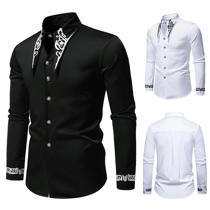 Men Long Sleeve Shirts Floral Collar Mens Dress Shirt Male Groomsman Clothes Chemise Hemd Homme Shirts S65 250224