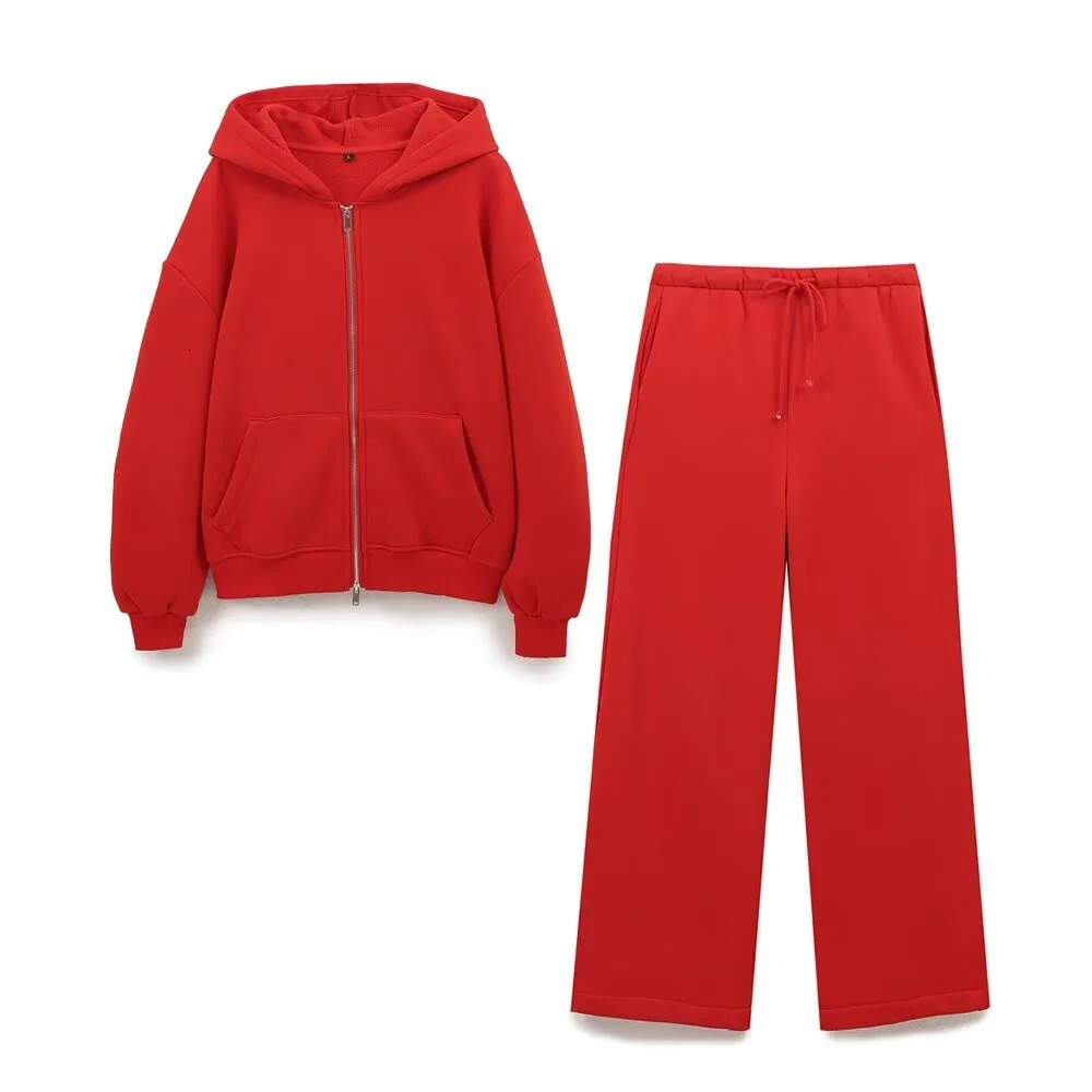 Taop Za autumn womens fashionable casual zipper decoration hooded long sleeved sportswear jacket wide leg pants set 250226