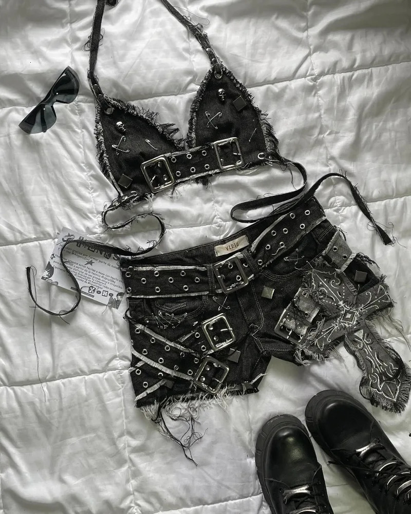 Y2K Fashion Geometric Embroidery Patch Denim Black Two-piece Female Harajuku Goth Long Sleeve Zipper Coat Mini Pleated Skirt 250226