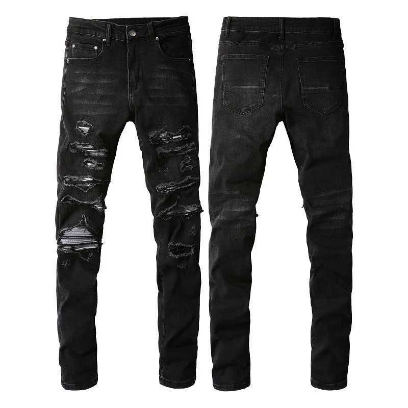 2024 High Street Trend Europe and The United States Street Trend Ripped Patch Jeans High Street Trend Mens Stretch Slim Pants X250227
