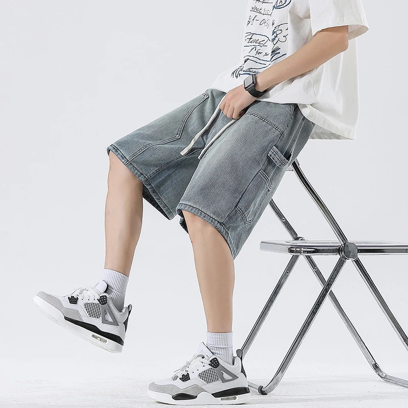 Streetwear Straight Summer Men Cargo Denim Shorts Korean Vintage Loose Casual Short Jeans Washed Elastic Waist Mens 250226