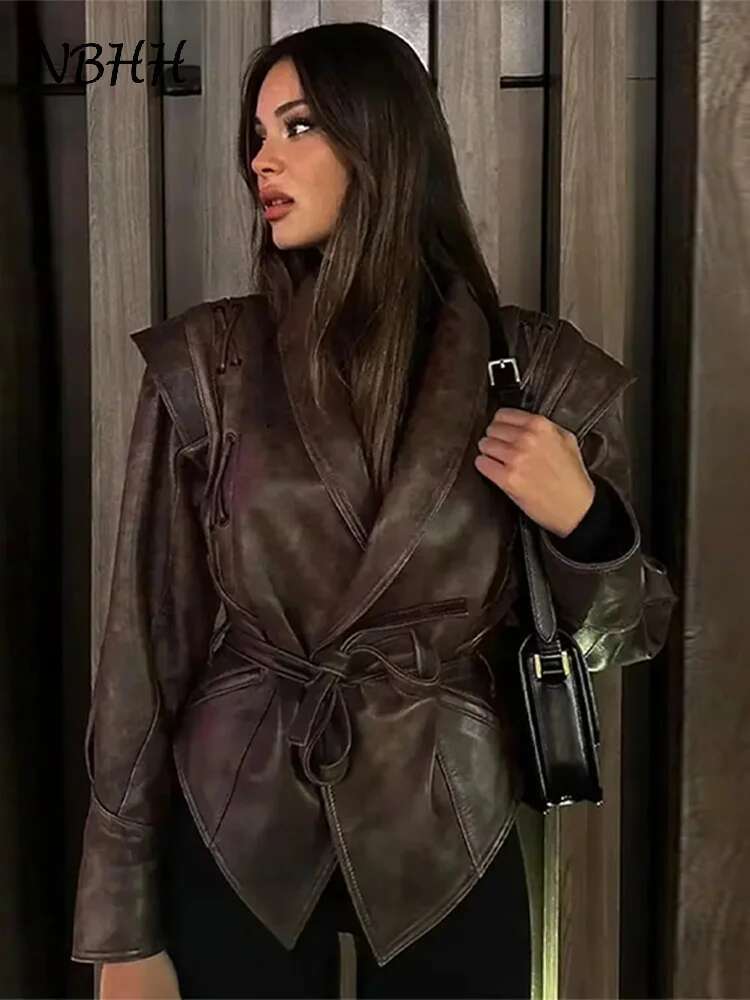 Vintage Street Pu Faux Leather Jacket For Women With Belt V Neck Button Long Sleeve Motorcycle Coat 2024 Autumn Ladies Outerwear