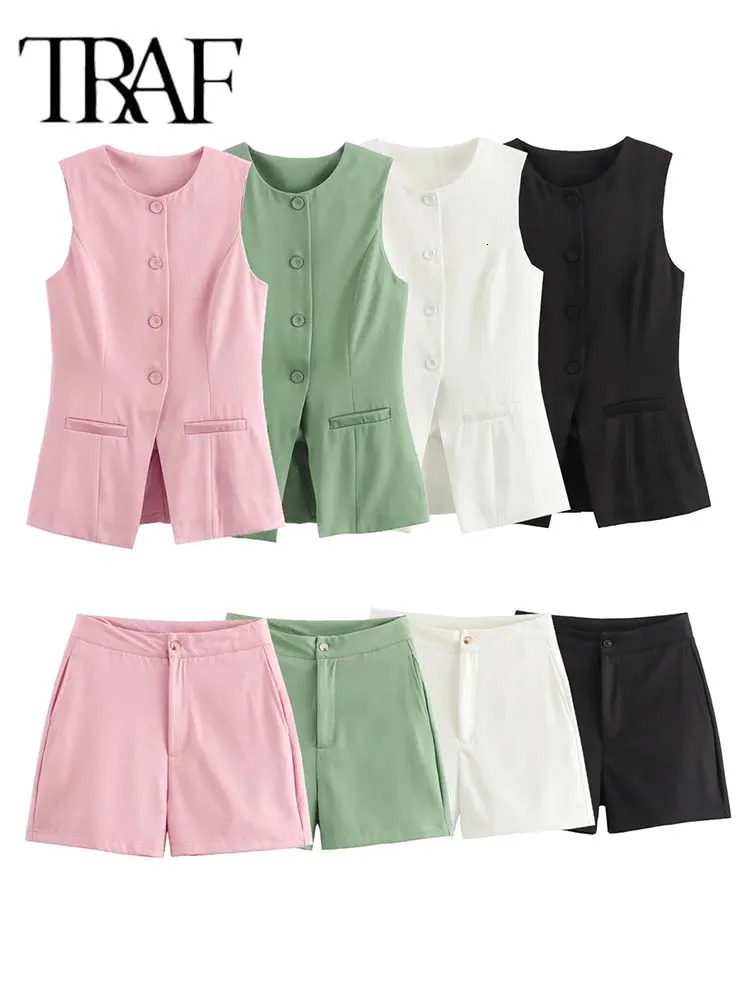 TRAF Shorts 2 Pieces Sets for Women Fashion Solid Office Vest Summer Women Suit Casual Two Piece Set Women Outfit 250226