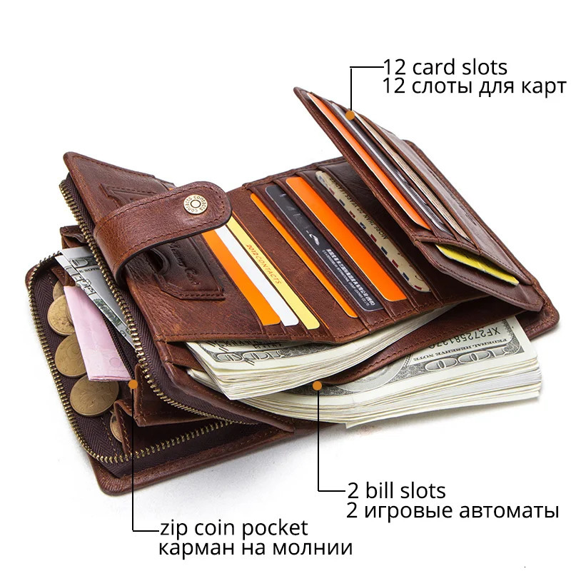 Ship from U.S. CONTACTS Genuine Leather RFID Vintage Wallet Men With Coin Pocket Short Wallets Small Zipper Wallet With Card Holders Man Purse 250227F