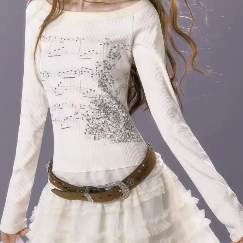 Womens long sleeved shirt cotton Tshirt music printing Y2k graphic trend slim womens fairy clothing EGirl 250226