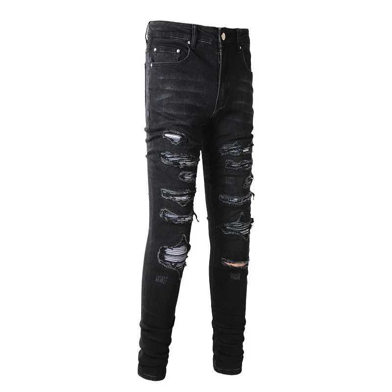 2024 High Street Trend Europe and The United States Street Trend Ripped Patch Jeans High Street Trend Mens Stretch Slim Pants X250227