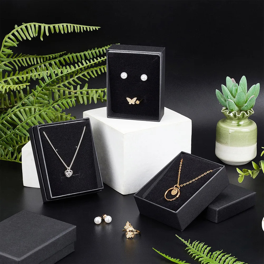 12Pcs Square Rectangle Cardboard Paper Jewelry Set Boxes for Ring Necklace Jewelry Display Gift Package with Black Sponge inside 250222