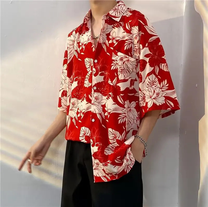 Mens street fashion summer daily shirt Hawaiian cartoon print casual loose short sleeved beach top 250226