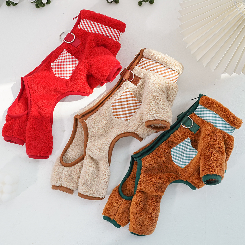 Fall - Winter Four - Legged Fleece Pet Clothes with Dual Leash Hooks for Dogs and Cats' Outings - Ideal for Teddy - style Pets