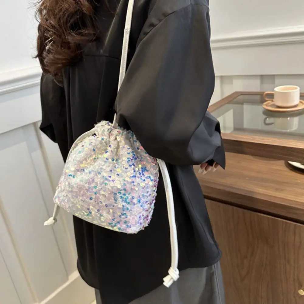 New Japanese Women Sequin Shoulder Bag for Girls Shiny Drstring Crossbody Bag Women Underarm Mini Bucket Bag Phe PurseXJ250227