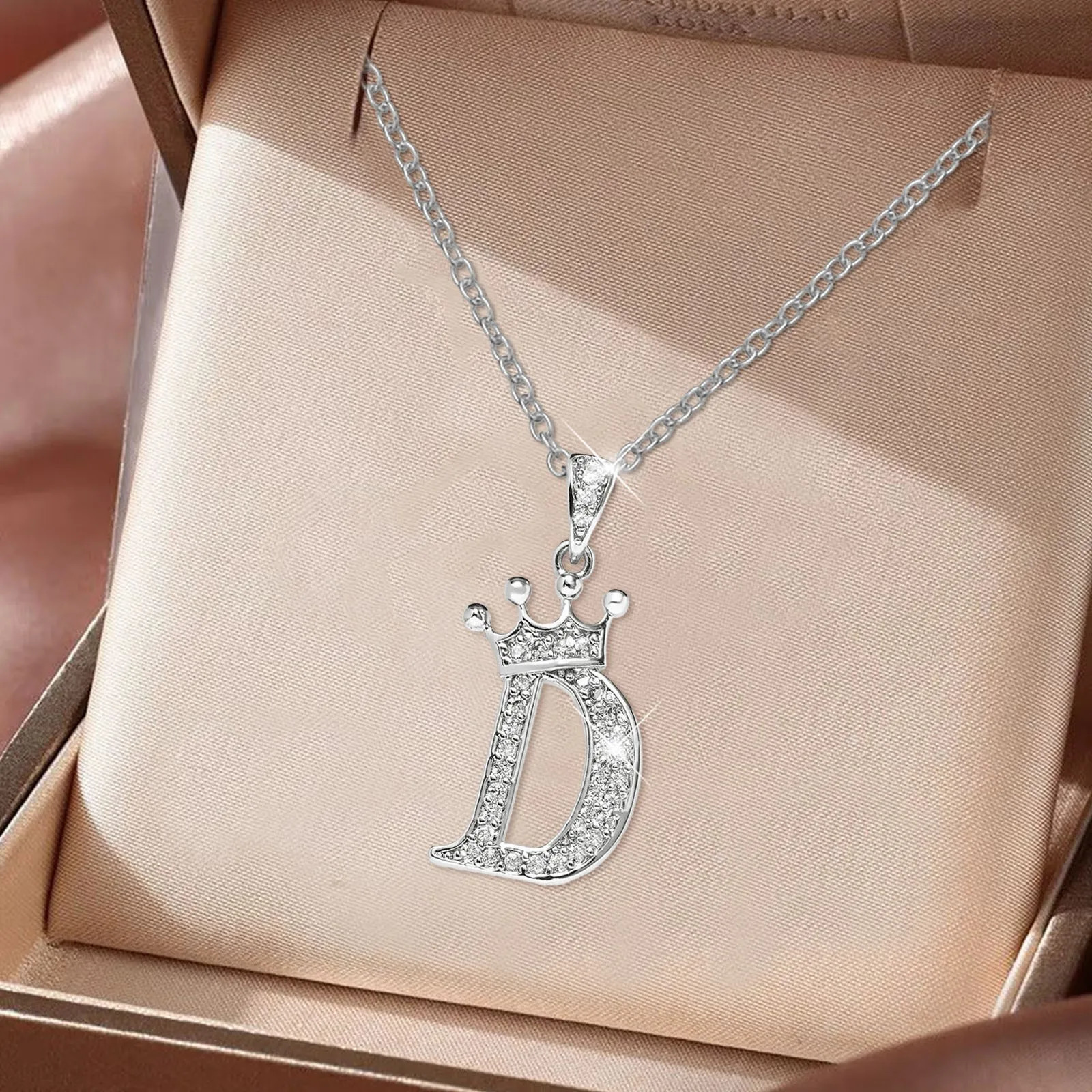 Stainless Steel Cubic Zirconia Name Crown Letter Pendant Necklace For Women Hip Hop Punk Girl Alphabet Fashion Jewelry 250227