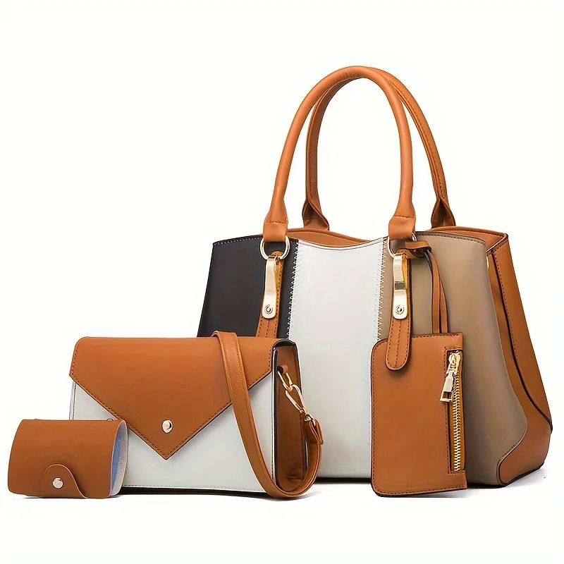 Ship from US 4Piece Colorblock Handbag Set Vibrant Stitching Spacious Tote Versatile Crossbody Mini Coin Purse and Credit Card Holder 250227FBB