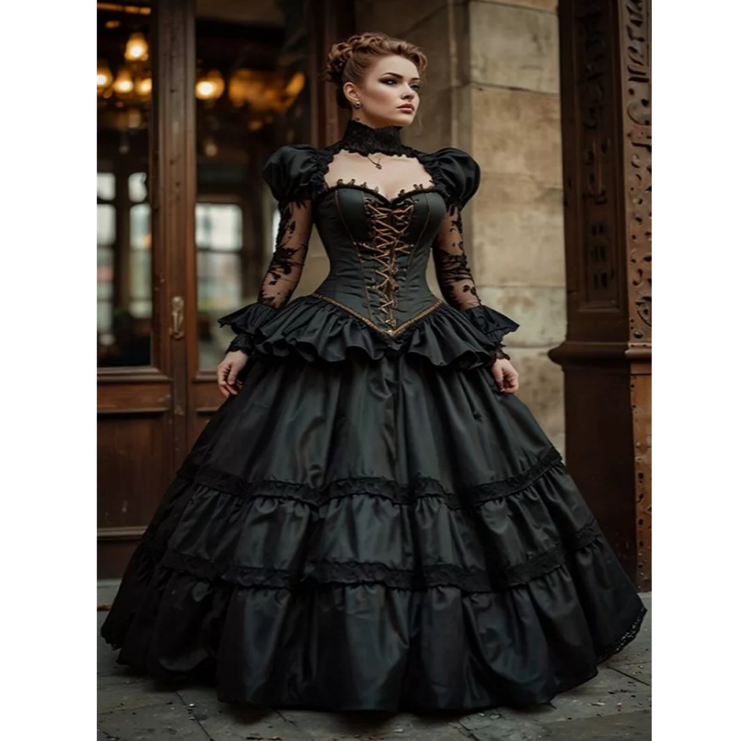 Vintage Black Gothic Prom Dresses High Neck Illusion Long Sleeves A-Line Floor Length Evening Gown Corset Victorian Masquerade Dress For Women 2025