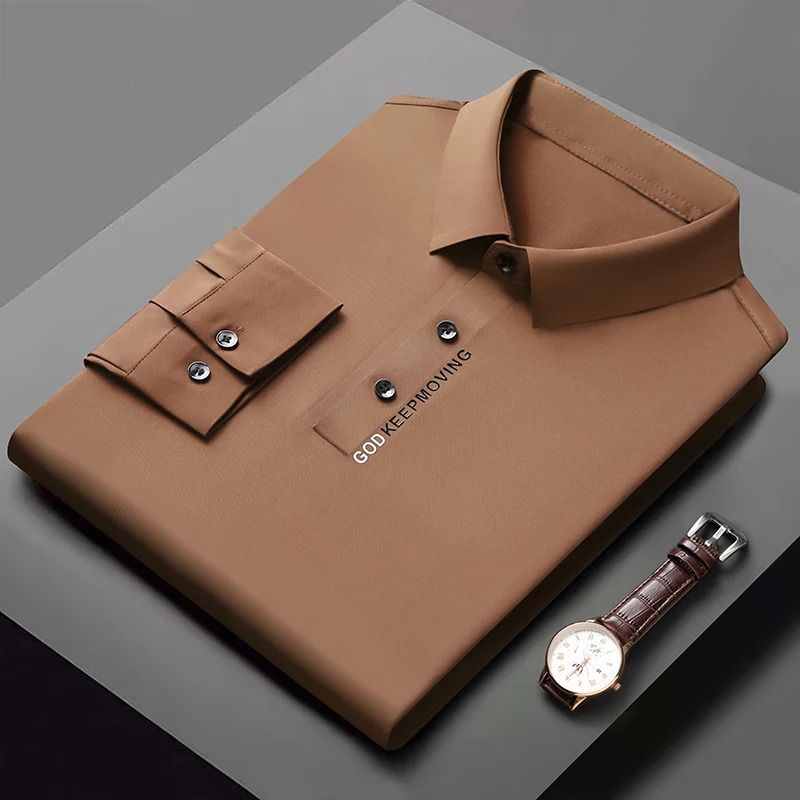 High Quality Mens Long Sleeved POLO Shirt Autumn Solid Color Printing Seamless Ice Silk Lapel Fashionable Mens Clothing 250225