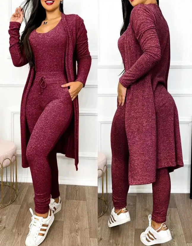 Autumn Womens Drawstring Pocket Jumpsuit Coat Set Temperament Commuting Women Fashion Suit Sets Two Piece Outfits 250224