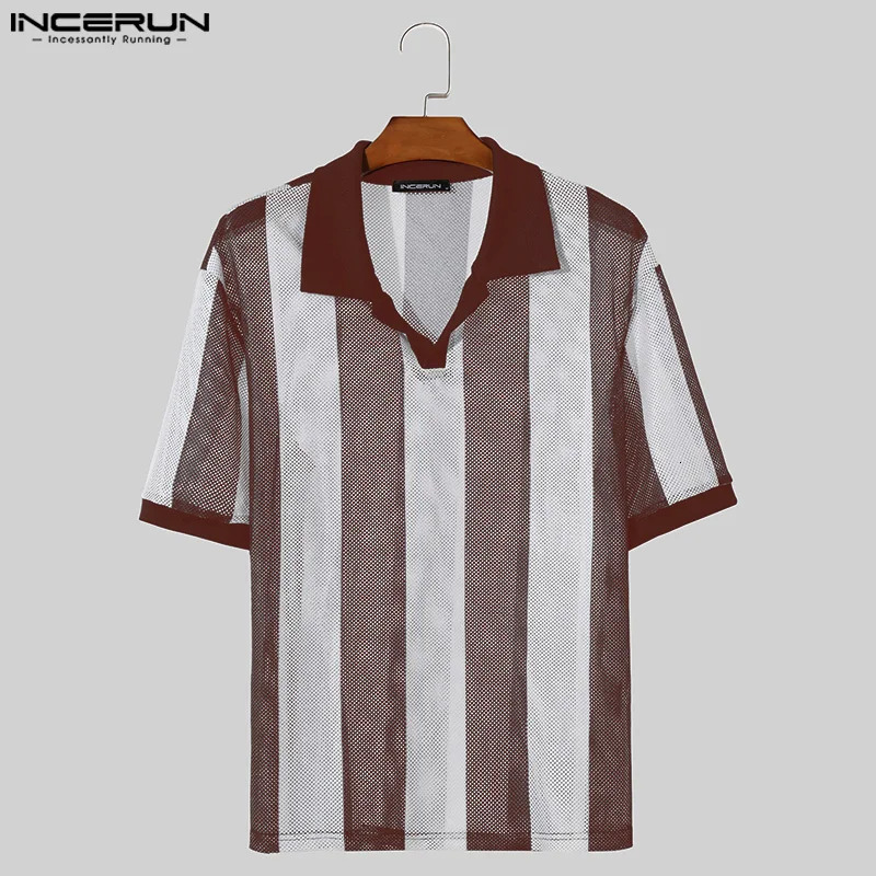 Summer Men Striped Shirt Lapel Short Sleeve Hollow Out See Through Casual Men Clothing Streetwear Fashion Shirts INCERUN 250224