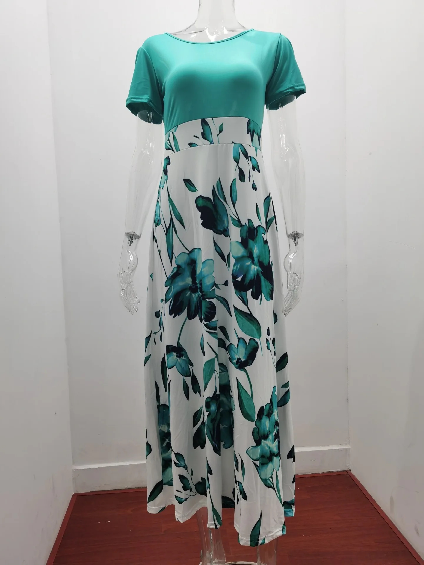 Leisure and loose fitting spring/summer fashionable flower print color blocking short sleeved womens elegant dresses 250222