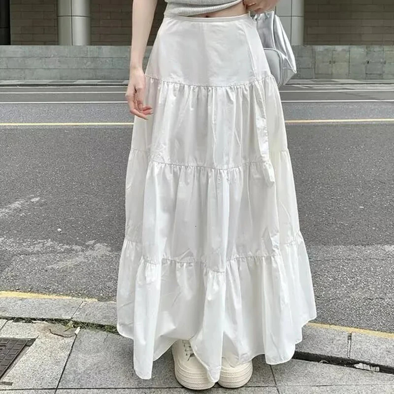 Y2k Clothes Women Skirts Vintage High Waist Elastic Patchwork White Chic Long Cake A-line Skirt Streetwear 250226