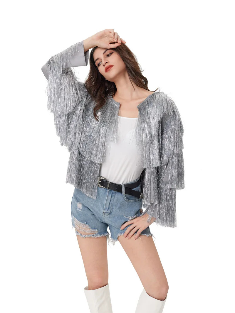 y womens silver gold silk tassel jacket multilayer pleated long sleeved spring summer Halloween cardigan woolen sweater dance top 250227