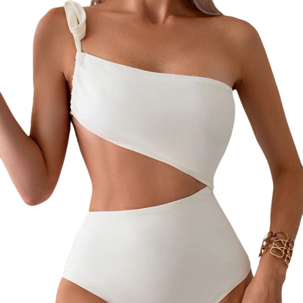 designer swimwear women's single shoulder strap high-end solid color one-piece hollowed out hot spring swimsuit bikini