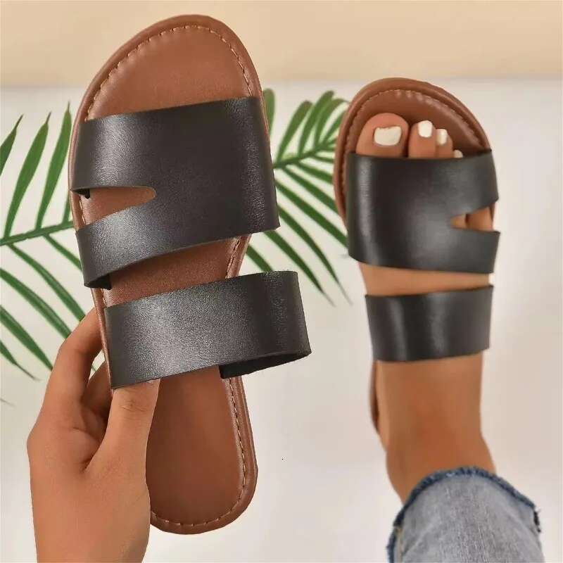 Women's Fashion Summer New Designer Sandals Solid Color Leather Open Toed Flat Bottom Bohemian Beach Slippers Casual And Comfortable Daily Women&
