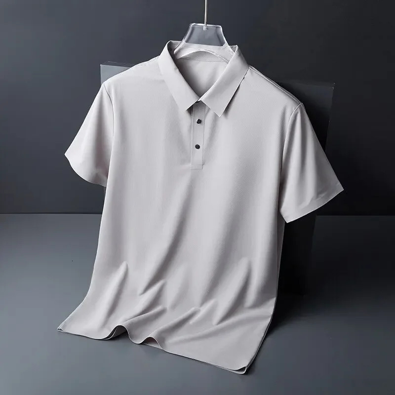 Summer Ice Silk Polo Shirt High-End T-Shirt Solid Color Half Sleeve Non-Marking Casual Lapels Business Thin Menswear 250224