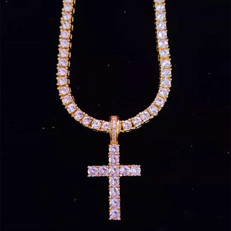 Men Women Hip Hop Cross Pendant Necklace with 4mm Zircon Tennis Chain Iced out Bling Necklaces HipHop Jewelry Fashion Gift 250227